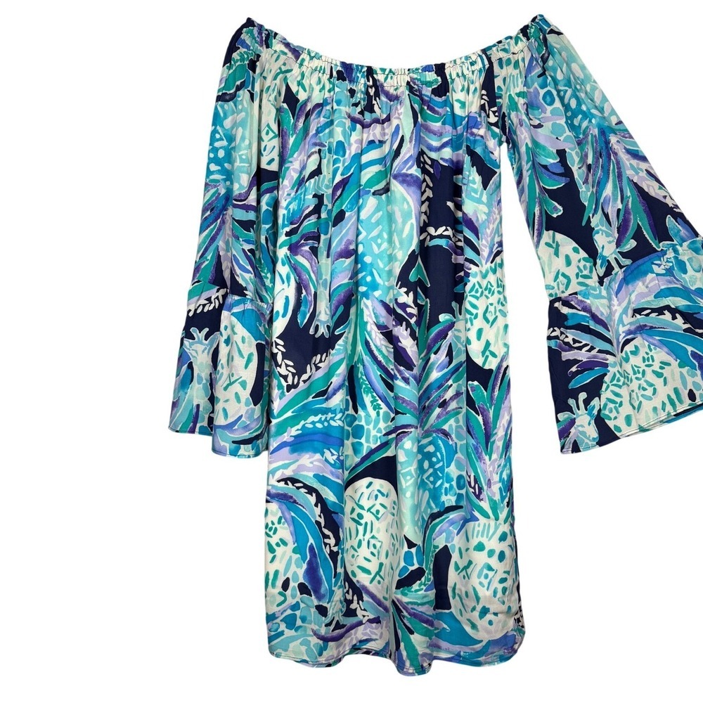 NWT Lilly Pulitzer Nevie Off the Shoulder Dress, Navy Alotta Colada, Size Small - Picture 7 of 13